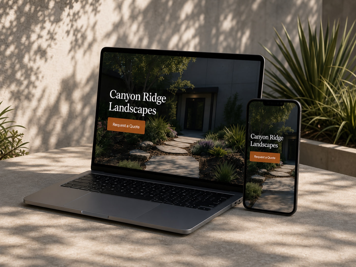 Illustrative laptop and phone preview of a landscaping lead system